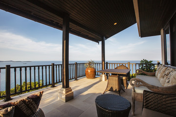 Tropical luxury villa interior,  sea view veranda
