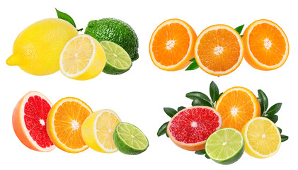 Citrus Fruit Set (orange, grapefruit, lime, lemon) isolated on white background.
