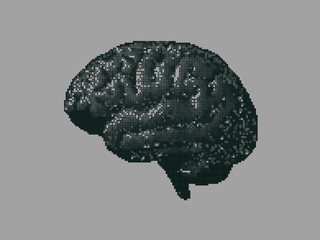 Digital pixel brain illustration on gray BG