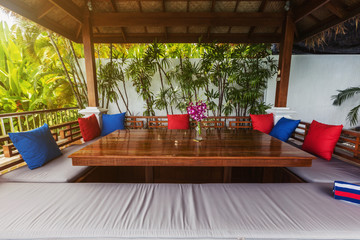 Veranda private swimming pool near luxury villa. Sunny summer vacation