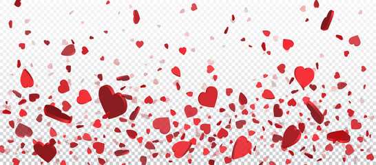 Red flying heart confetti, Valentines day background. Design element for romantic love greeting card, Women's Day postcard, wedding invitation. Vector texture
