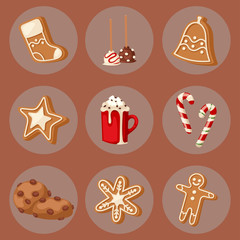 Cookie traditional christmas food cards desserts holiday decoration xmas sweet celebration meal vector illustration.