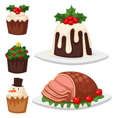 Christmas food and desserts holiday decoration xmas sweet celebration vector traditional festive winter cake homemade dish.