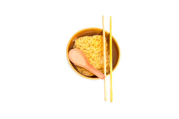 Instant noodles and cup isolated on white background.Instant noodles for people Do not like to eat vegetables.Instant noodles in black cup on white background.