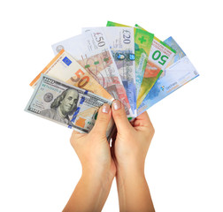 Female hands holding different money paper banknotes