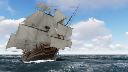 Obraz na płótnie Canvas Sailboat at sea on a sunny day 3d illustration