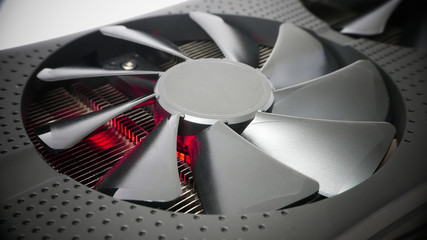Cooling system of powerful graphics card, heat produced by data processing, computation and bitcoin mining