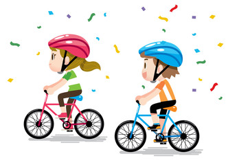 Vector illustration of girl and boy, male and female characters riding bicycle, attend the competition, isolated on white background.