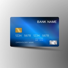 Modern credit card template design. With inspiration from the abstract. Blue color on the gray background. Vector illustration. Glossy plastic style.