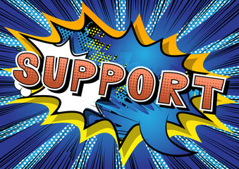 Support - Comic book style word on abstract background.