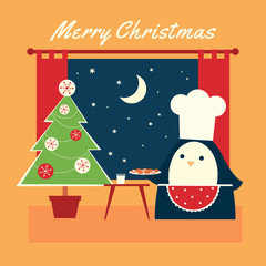 Vector Christmas greeting card. Retro styled illustration of a penguin in a white chief hat putting a plate of cookies on a table near a Christmas tree. Square format. Yellow background.