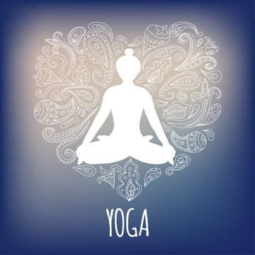 Yoga logo. Girl practicing Lotus pose - Padmasana. Heart shaped paisley ornament. Blue background.