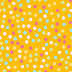 Fototapeta na wymiar Colorful polka dots seamless pattern on bright 4 background. Lovely classic colorful polka dots textile pattern. Seamless scattered confetti fall chaotic decor. Abstract vector illustration.