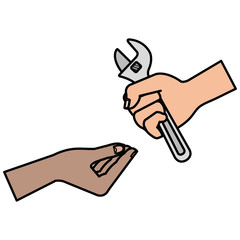 hands with wrench tool isolated icon