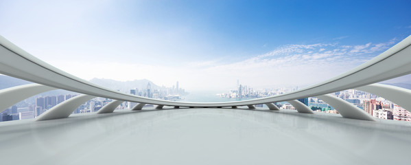 empty marble floor with cityscape of modern city