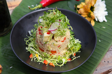 The Art of Thai Healthy Dish - Quinoa salad with grilled haloumi cheese, chili and coriander dressing.