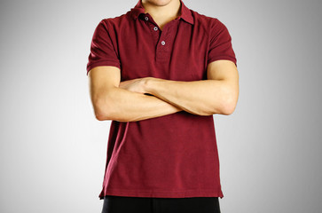 The guy in the dark red blank t-shirt Polo. Prepared for your logo