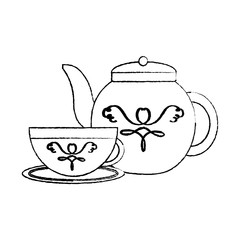 tea cup and kettle icon image vector illustration design  black sketch line