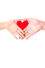 Obraz na płótnie Canvas Valentine, red heart on couple hands, isolated on white background