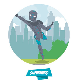 Robotic superhero cartoon on city icon vector illustration graphic design