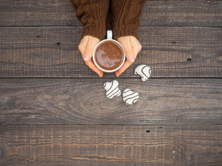 Women's hands hold a mug with hot cocoa
