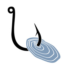 Black fishing hook with blue fish-scale isolated on white background. Sorrow of fisherman. Bad fortune. Fish away. Vector Illustration.