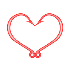 Red heart icon isolated on white. Fish hooks in heart shape. The concept of love of fishing. Vector Illustration.