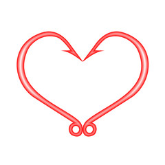 Red heart icon isolated on white. Fish hooks in heart shape. The concept of love of fishing. Vector Illustration.