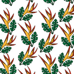 seamless pattern bird of paradise flower leaves tropical vector illustration