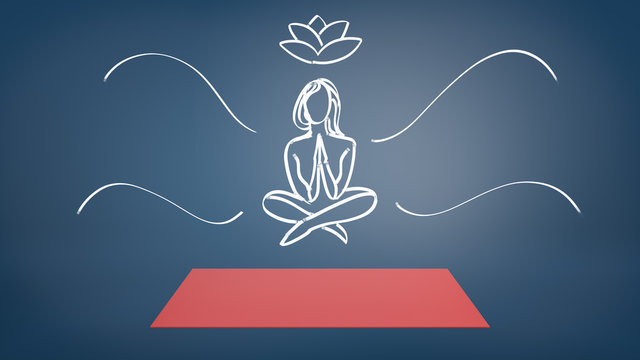 A red yoga mat on a blue background with a chalk drawn woman in a lotus pose hovering above it.