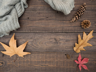 Warm jacket, autumn leaves and bumps on a wooden table