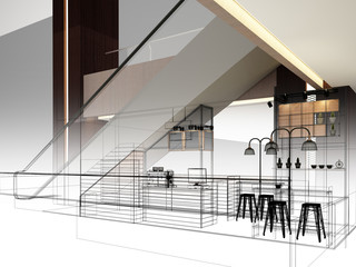 sketch design of coffee shop ,3d rendering