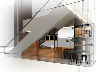 sketch design of coffee shop ,3d rendering