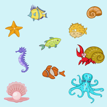 Sea animals cartoon hand drawn illustration