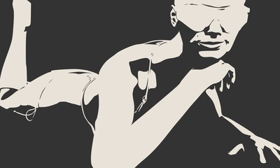 Beautiful sexy fitness girl lying on dark floor. Pretty woman wearing bikini, boots and sunglasses. Front view.