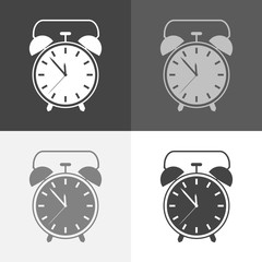 Vector set icon alarm clock. Clock illustration on white-grey-black color.