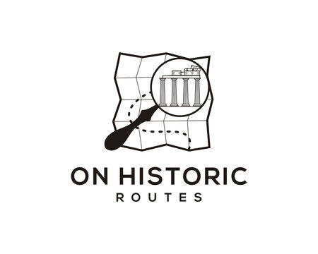 Find the Way on Historic with Magnifying Glass and Map Symbol Logo Vector