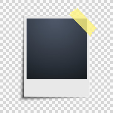 Polaroid on a transparent background. Photo frame. Yellow scotch tape. Vector