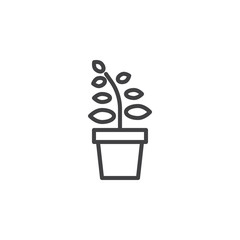 Plant in flower pot line icon, outline vector sign, linear style pictogram isolated on white. Sprout symbol, logo illustration. Editable stroke