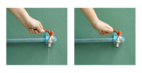 Turn on and turn off tap water by female hand ( let's save water for the world)