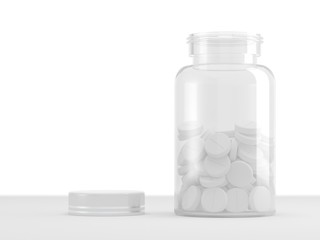 Transparent bottle with white tablets on white background