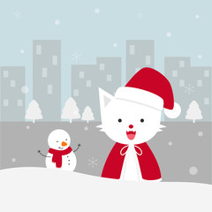 Santa cat, Christmas cats with snow flakes in winter season, cute kitten flat vector illustration, cat in the city with snowman, snowing in city, white cat design, cat cartoon