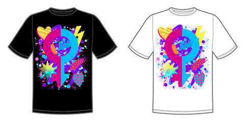 Vector print for t-shirt with bright Pride lgbt rainbow color male and female symbol