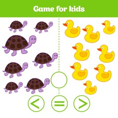 Education logic game for preschool kids. Choose the correct answer. More, less or equal Vector illustration. Animal pictures for kids