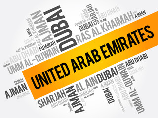 List of cities and towns in United Arab Emirates - UAE, word cloud collage, business and travel concept background