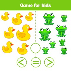 Education logic game for preschool kids. Choose the correct answer. More, less or equal Vector illustration. Animal pictures for kids