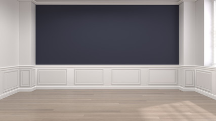 Empty room Blue Wall Classic style 3D rendering room is empty waiting for the interior design clean Wooden floor picture for copy space