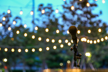 Microphone stand for the singer with the light hanging in the park background