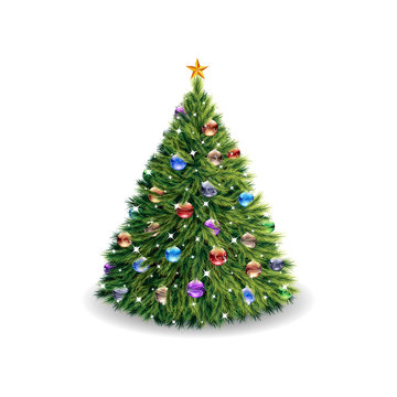 Lush Christmas tree, with toys and a star, cartoon on a white background,