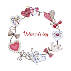 hand drawn watercolor textile hearts on Valentine's day